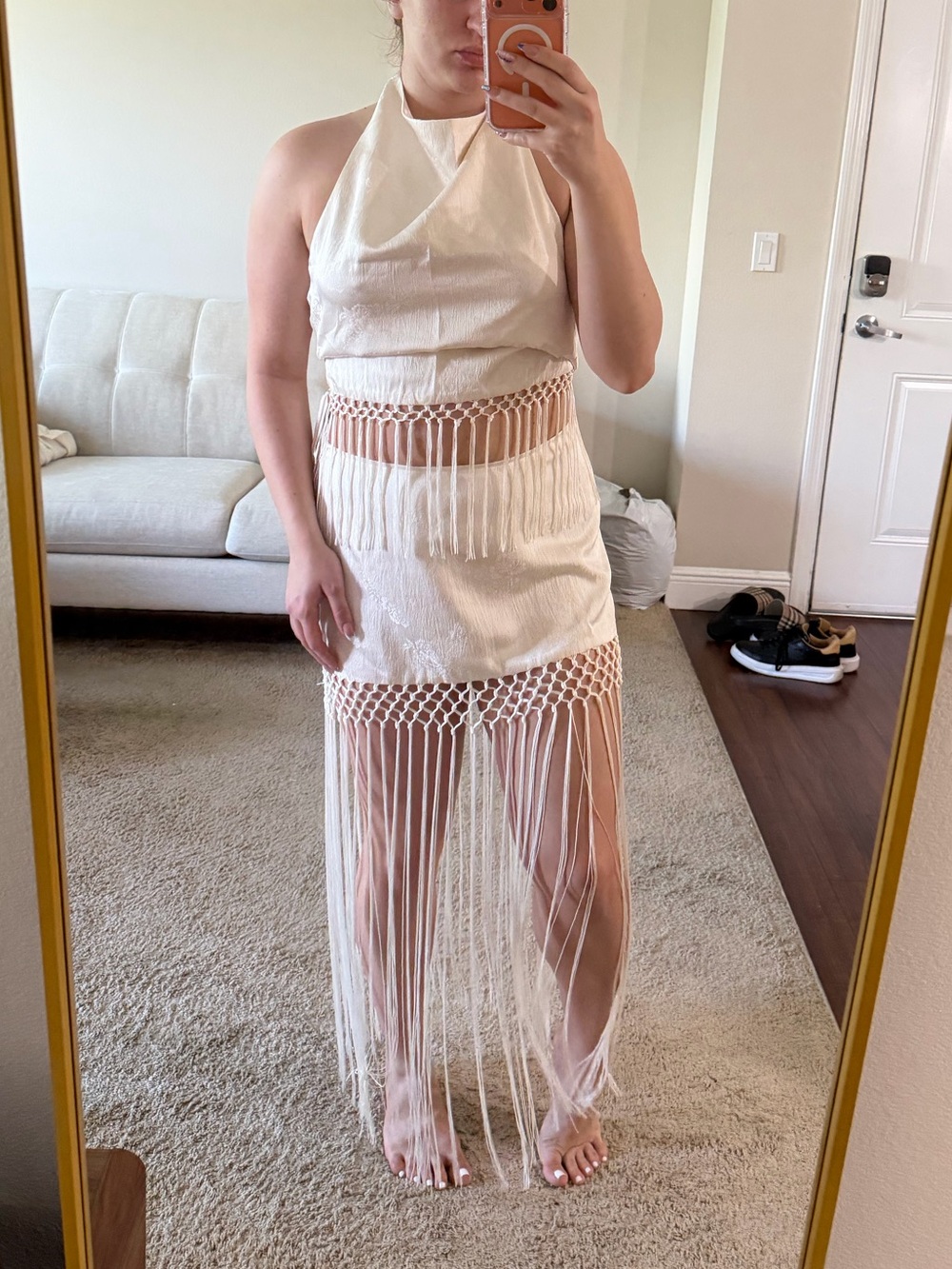 Peppermayo satin cream skirt set with fringe